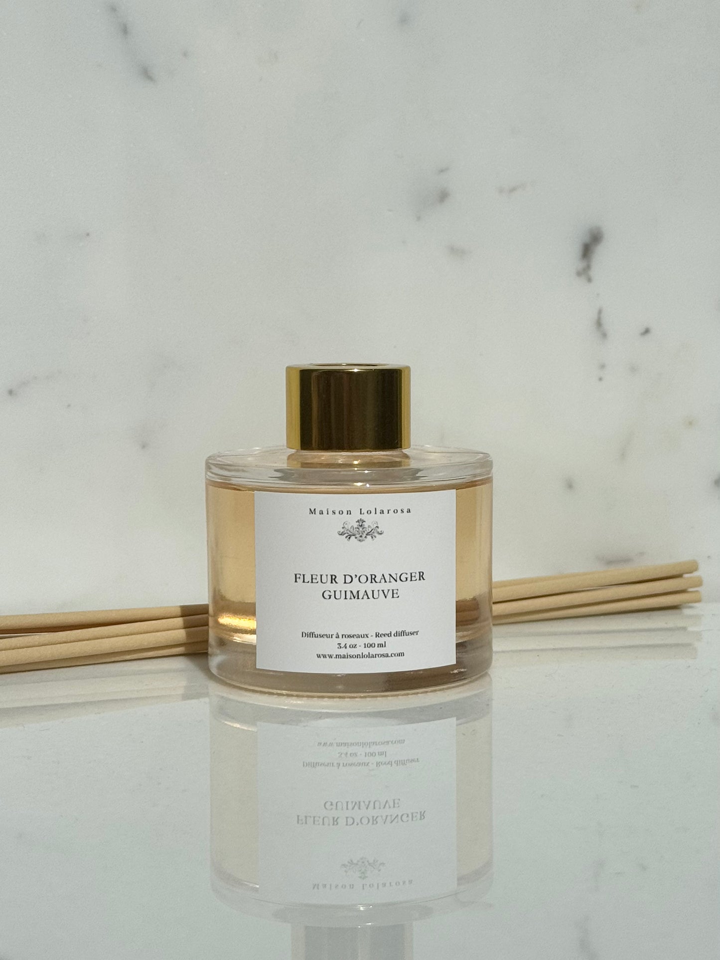 DIFFUSEUR À ROSEAU OR - Fleur D'Oranger & guimauve - Limité